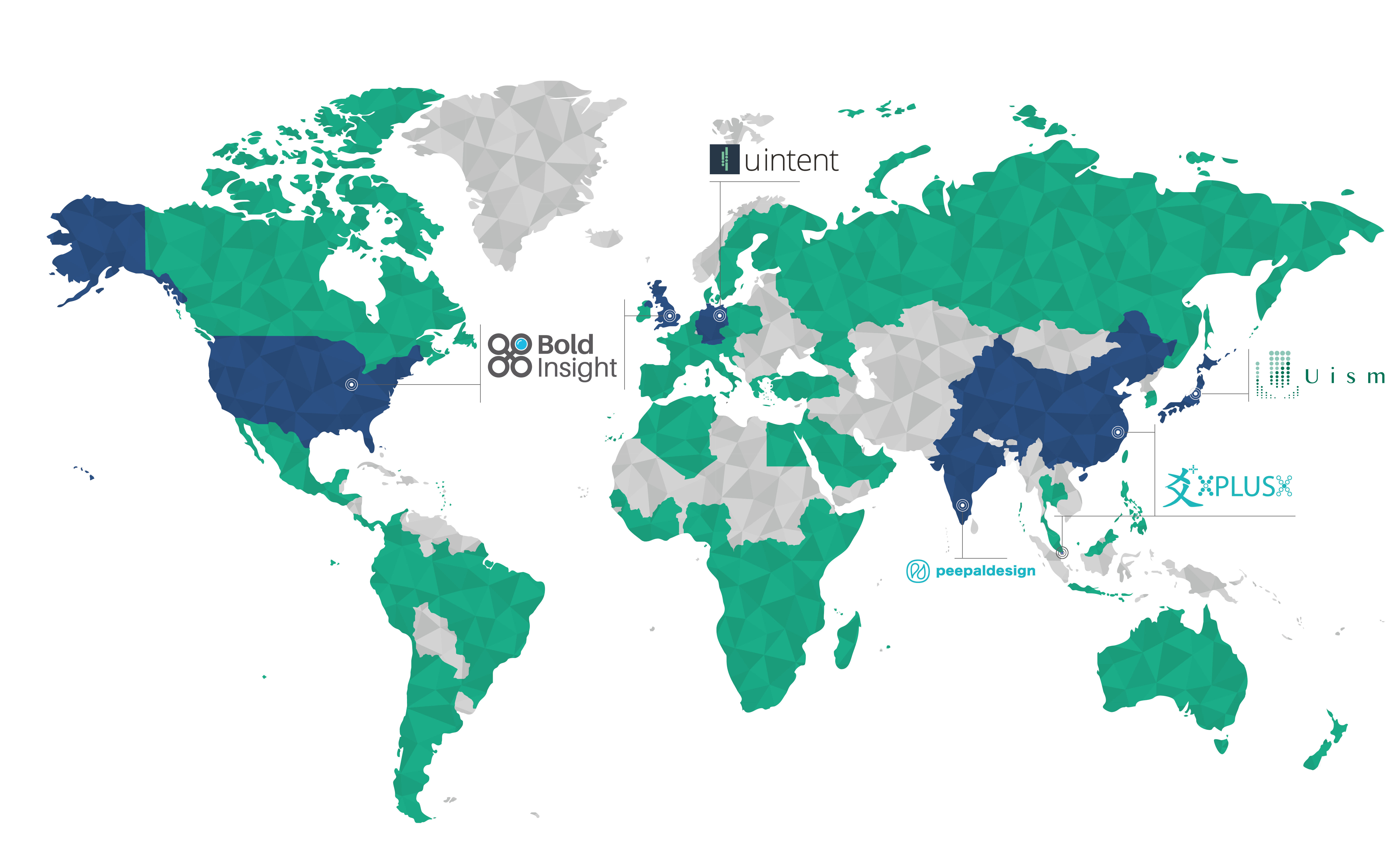 world map with resight global company countries highlighted in blue and ux alliance company countries highlighted in green